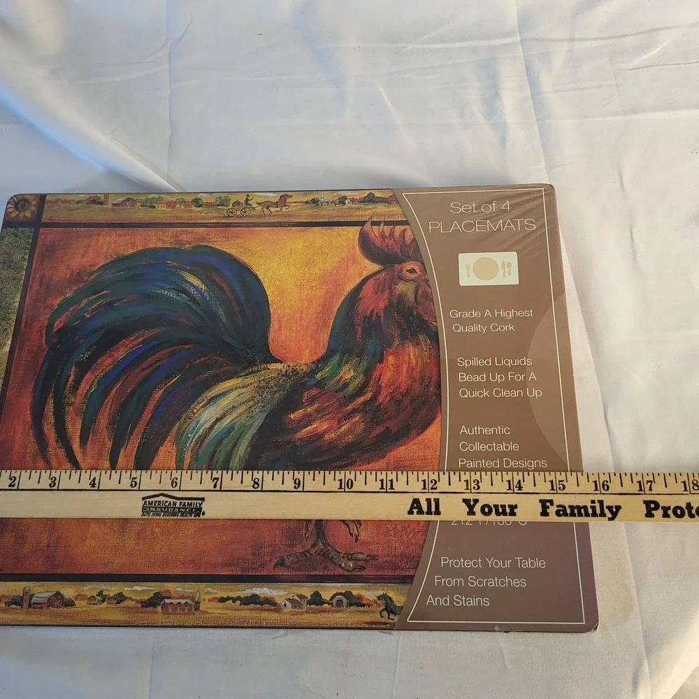 New 4 pc Cork backed placemat set, Painting of Tuscan Rooster 15.75